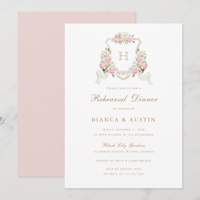 Floral Blush Roses Crest Monogram Rehearsal Dinner Invitation (Front/Back)