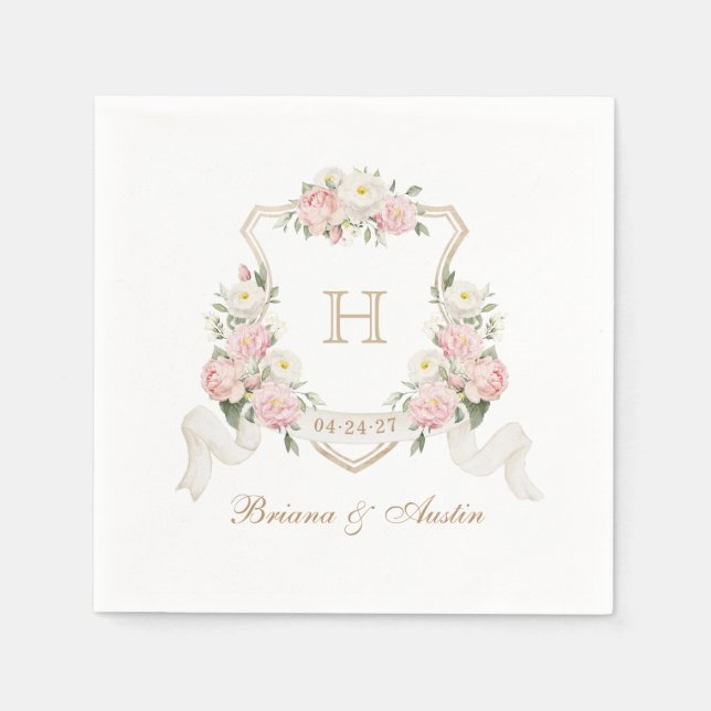 Floral Blush Roses Greenery Crest Monogram Wedding Napkin (Front)