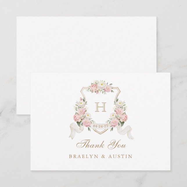 Floral Blush Roses Greenery Crest Monogram Wedding Thank You Card (Front/Back)
