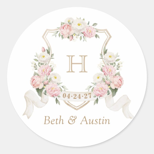 Floral Blush Roses Monogram Crest Envelope Classic Round Sticker (Front)