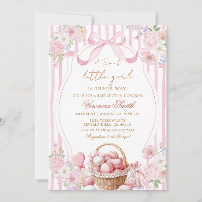 Floral Blush Stripe Pink Sweets Bow Baby Shower  Invitation (Front)