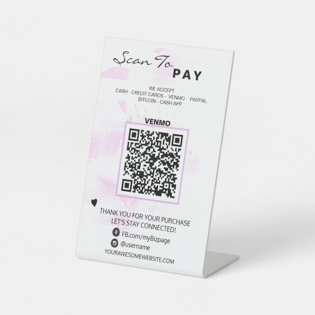 *~* Floral Blush Table Tent PAY . QR code Tabletop Pedestal Sign (Front)