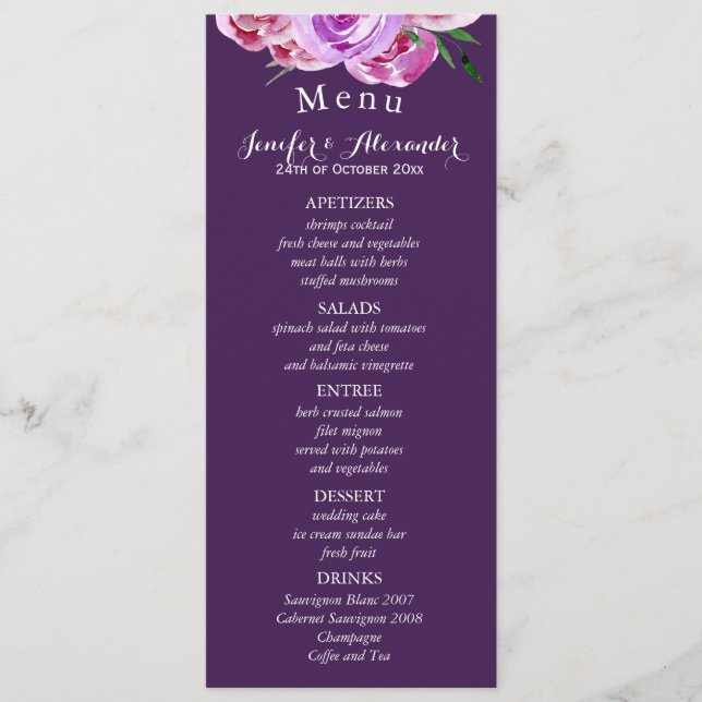 Floral blush violet peonies plum wedding menu (Front)