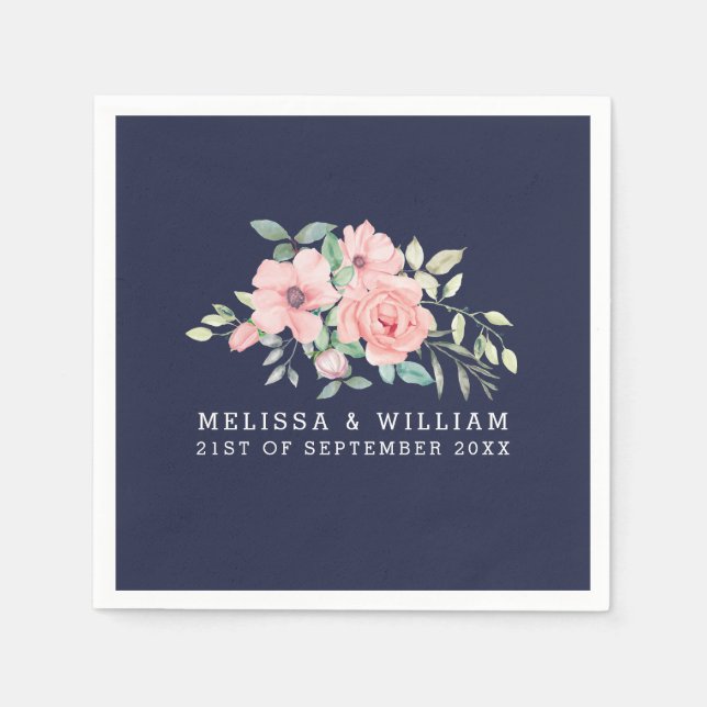 Floral Blush Watercolor Wedding Navy Napkin (Front)