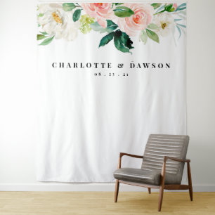 Floral Blush Wedding Backdrop, Photo Booth Prop Tapestry