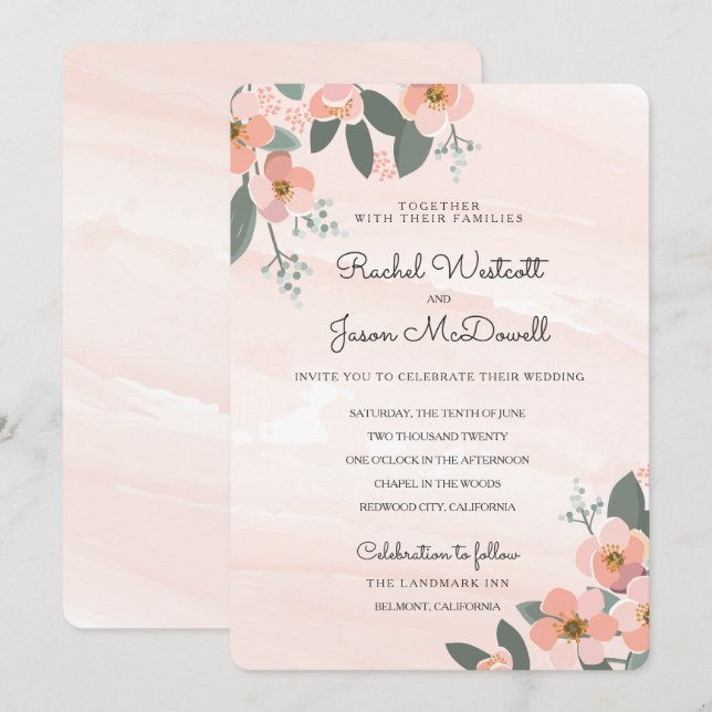 Floral Blush Wedding Suite | Watercolor Wash Invitation (Front/Back)