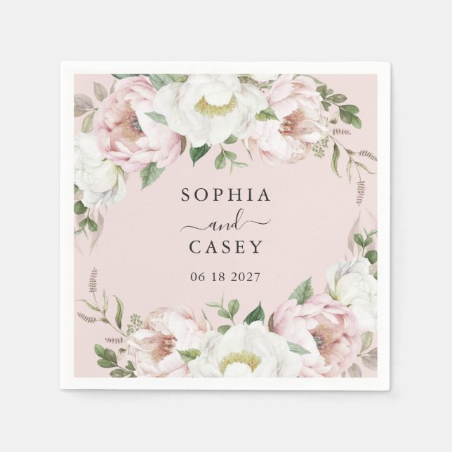 Floral Blush White Greenery Personalised Wedding Napkin (Front)