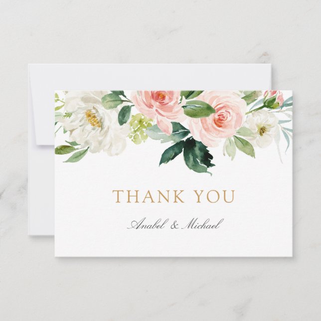 Floral Blush White Greenery Thank You Card (Front)