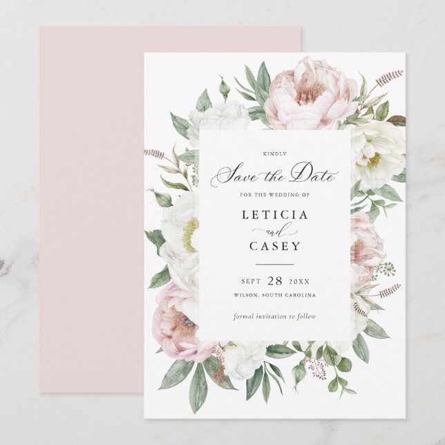 Floral Blush White Peonies Wedding Save the Date Invitation (Front/Back)