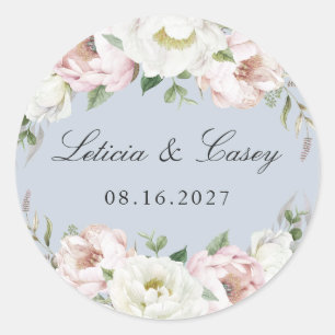 Floral Blush White Peony Dusty Blue Wedding Classic Round Sticker