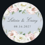 Floral Blush White Peony Dusty Blue Wedding Classic Round Sticker<br><div class="desc">Floral Blush White Peony Greenery Wedding Round Sticker. Floral White Dusty Blue Wedding Favour Sticker</div>