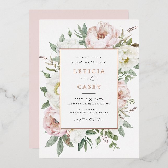 Floral Blush White Peony Elegant Rose Foil Wedding (Front/Back)