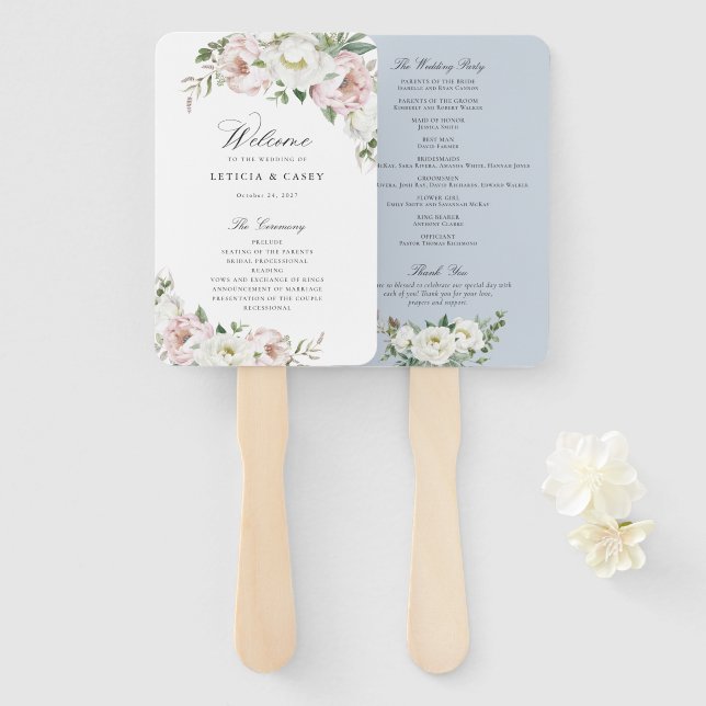 Floral Blush White Peony Elegant Wedding Program Hand Fan (Front and Back)