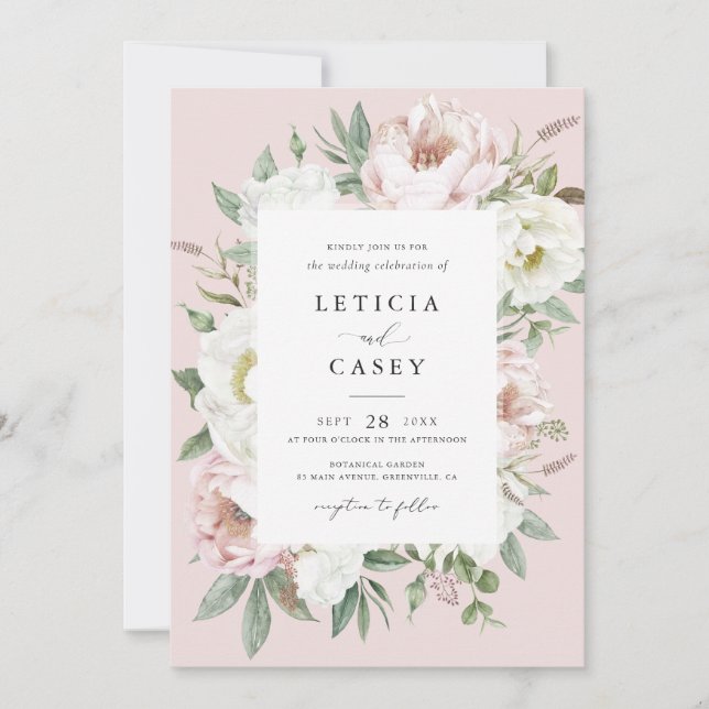 Floral Blush White Peony Frame Elegant Wedding Invitation (Front)