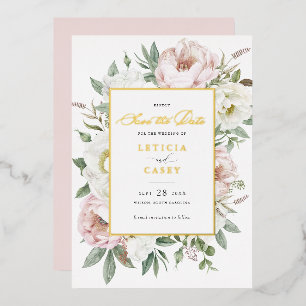 Floral Blush White Peony Gold Foil Save the Date