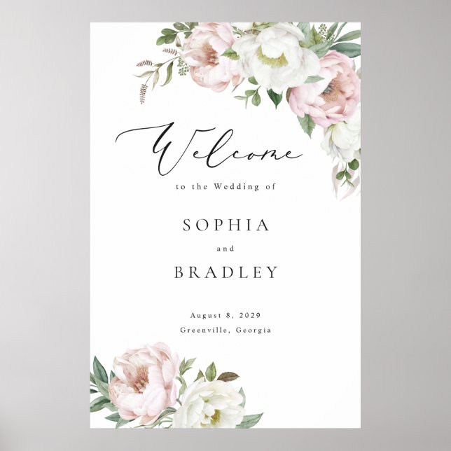 Floral Blush White Peony Leaf Wedding Welcome Sign (Front)