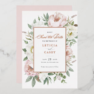 Floral Blush White Peony Rose Foil Save the Date