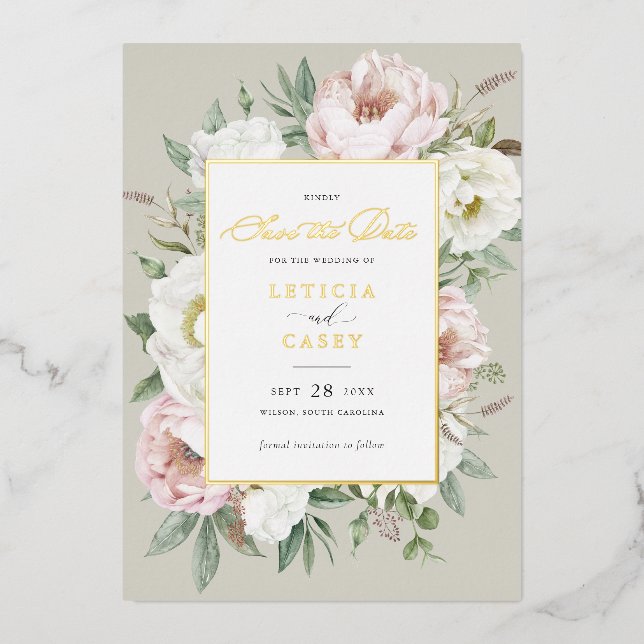 Floral Blush White Peony Rose Foil Save the Date (Front)