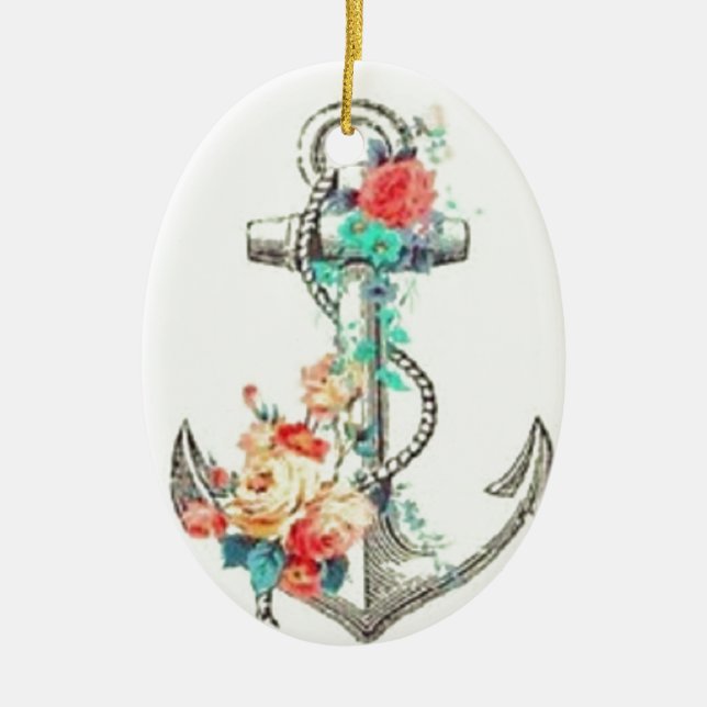 Floral Boat Anchor Ceramic Tree Decoration (Front)