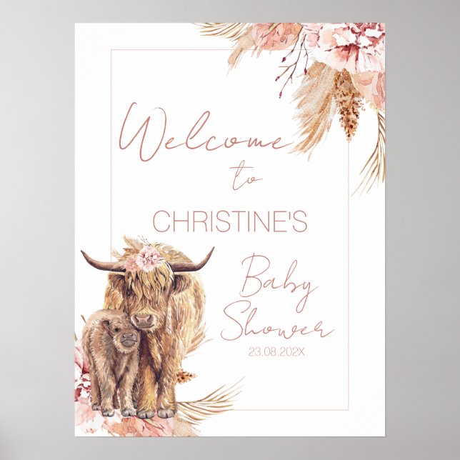 Floral Bohemian Cow Calf Baby Shower Welcome Sign (Front)