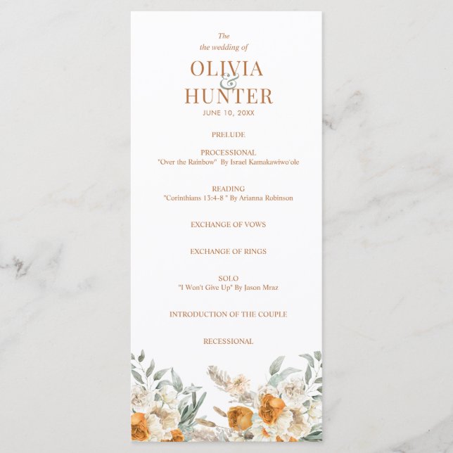 Floral Bohemian Modern Terracotta Wedding Program Menu (Front)