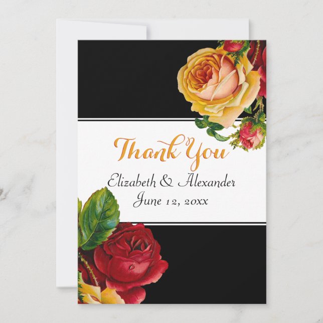 Floral Bohemian Red and Yellow Roses Thank You Card (Front)