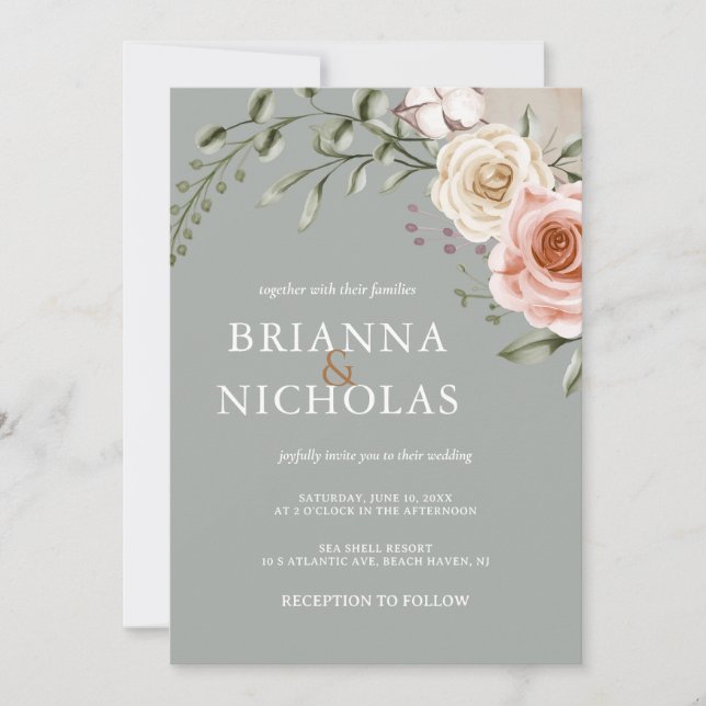 Floral Bohemian Sage Green Wedding Invitation (Front)