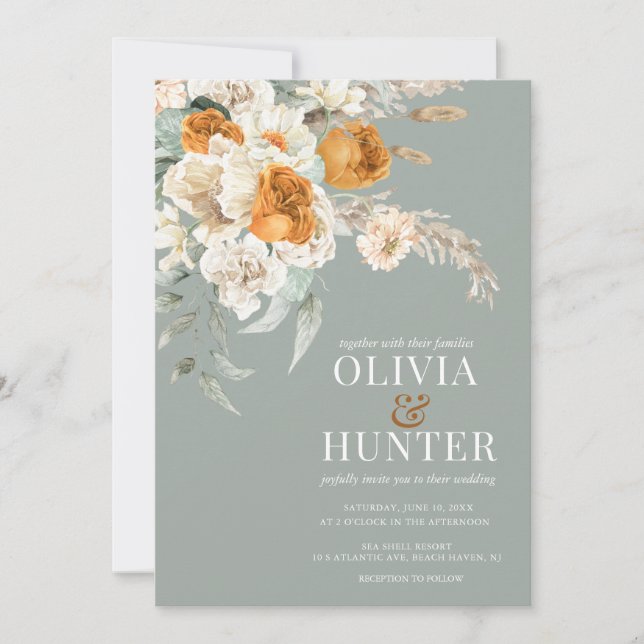 Floral Bohemian Sage Green Wedding Invitation (Front)