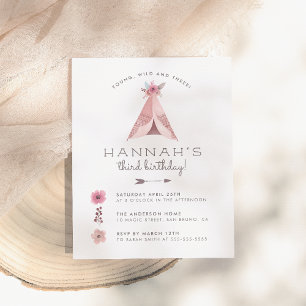 Floral Bohemian Teepee Young Wild & Three Birthday Invitation Postcard