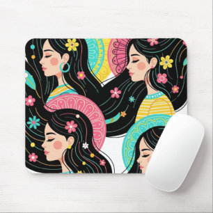 Floral Bohemian Women Illustration Art Print Mouse Mat
