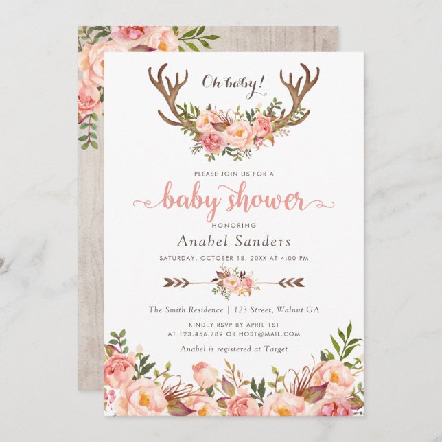 Floral Boho Antler Blush Chic Arrows Baby Shower Invitation (Front/Back)