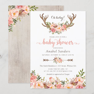 Floral Boho Antler Blush Chic Arrows Baby Shower Invitation