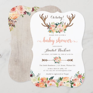 Floral Boho Antler Blush Peach Arrows Baby Invitation