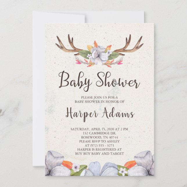 Floral Boho Antlers Baby Shower Invitation (Front)