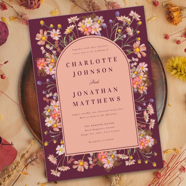 Floral Boho Arch Burgundy Fall Wedding Invitation (Wildflower arch elegant burgundy fall wedding invitation peach burnt orange terracotta dried flowers)