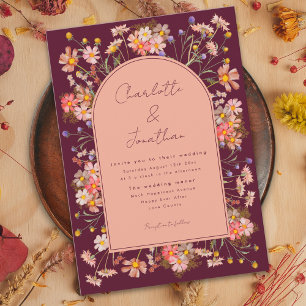 Floral Boho Arch Burgundy Fall Wedding Invitation