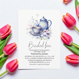 Floral Boho Blue Tea Pot Party Bridal Shower Invitation
