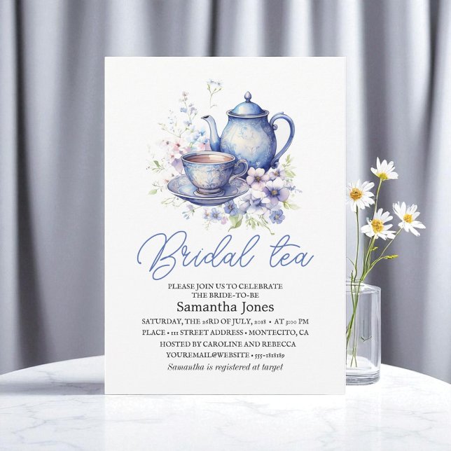 Floral Boho Blue Tea Pot Party Bridal Shower  Invitation (Creator Uploaded)