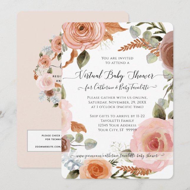 Floral Boho Blush Earth Tone Baby Virtual Shower Invitation (Front/Back)