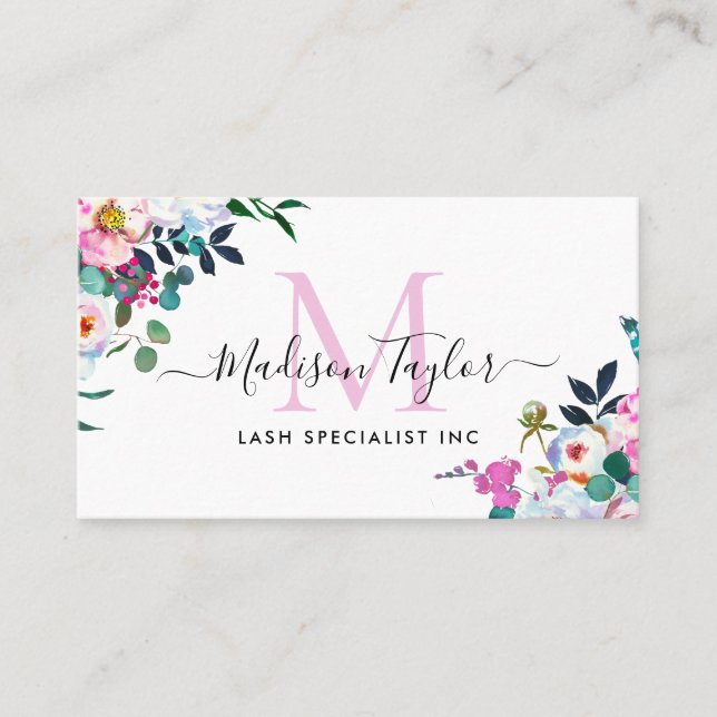 Floral Boho Blush Pink Peony Botanical Monogram Business Card (Front)