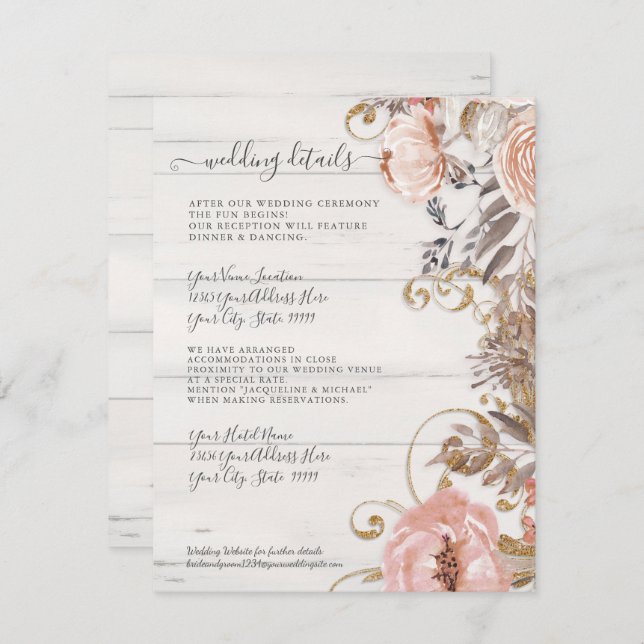 Floral Boho Blush Rose White Wood Wedding Details Invitation (Front/Back)