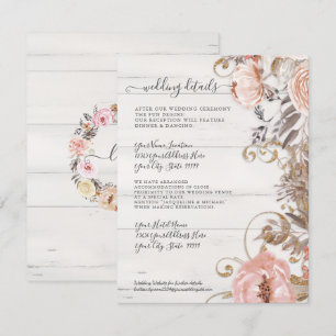 Floral Boho Blush Rose White Wood Wedding Details Invitation