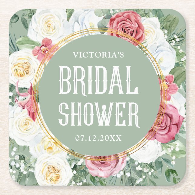 Floral Boho Bridal Shower Decorative Square Paper Coaster (Front)