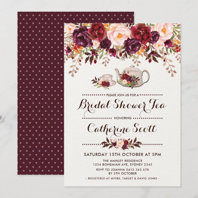 Floral Boho Bridal Shower Tea Party Invitation (Front/Back)
