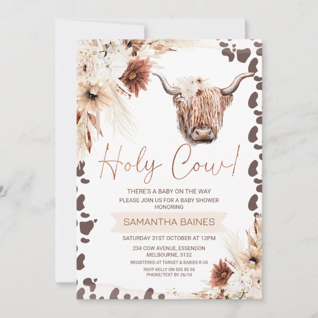 Floral Boho Brown Holy Cow Highland Baby Shower Invitation (Front)