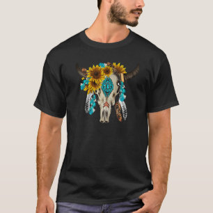 Floral Boho Bull Skull Turquoise Gemstone Western T-Shirt