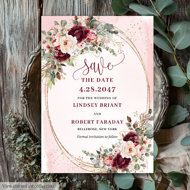 Floral Boho Burgundy Blush Gold Roses Save Date Invitation (Floral Boho Burgundy Blush Gold Roses Save the Date

)
