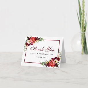 Floral Boho Burgundy Wedding Thanks Note Card