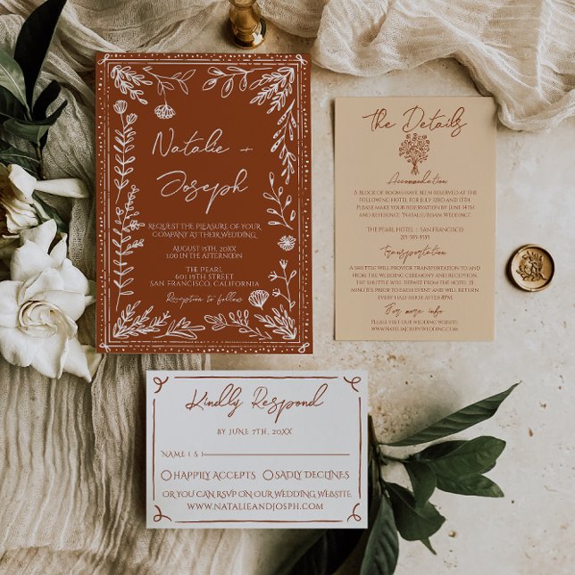Floral Boho Burnt Orange Terracotta Herbal Wedding Invitation (Creator Uploaded)