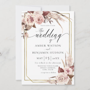 Floral Boho Champagne Watercolor Pampas Wedding Invitation